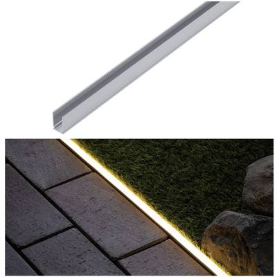 Aluminiumprofil neben einem beleuchteten Gehweg. Uplight beleuchtet den Gehsteig und hebt die Struktur von Steinen und Rasen hervor.