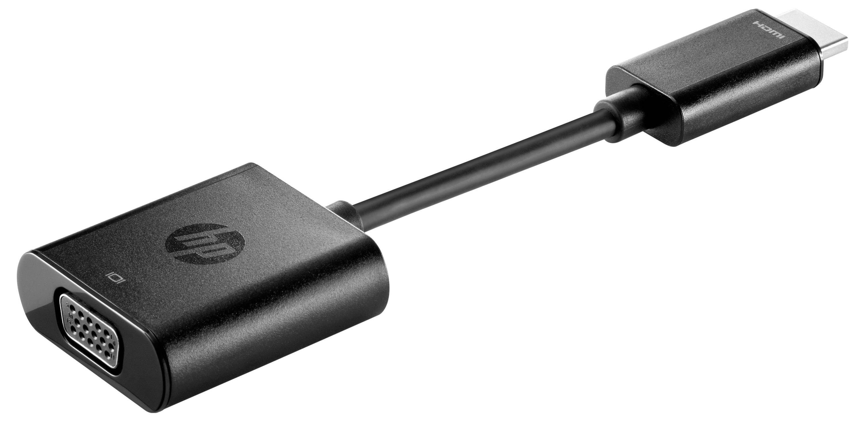 HP-branded HDMI-auf-VGA-Adapterkabel, schwarz, mit HDMI-Anschluss auf der einen und VGA-Anschluss auf der anderen Seite.