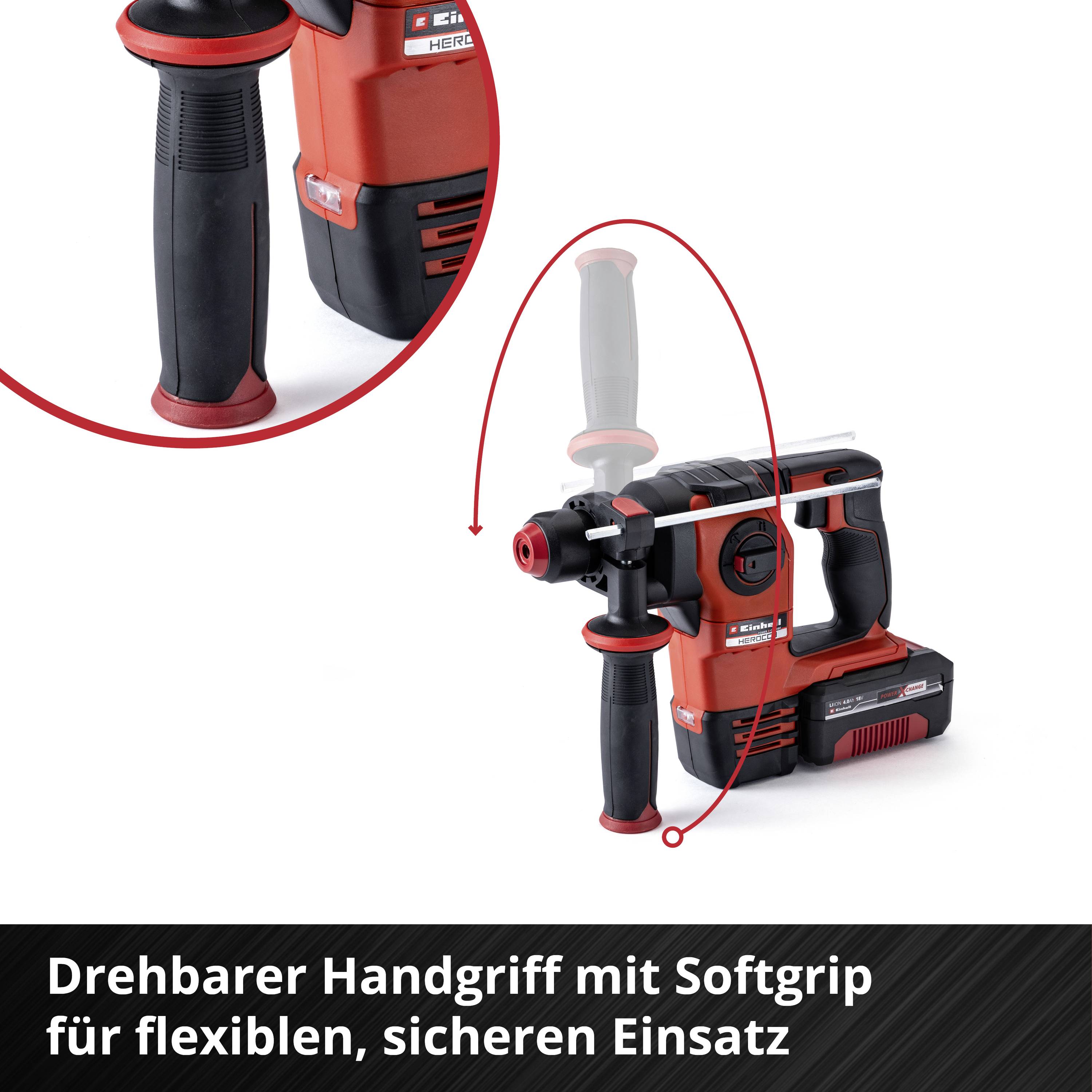 Drehbohrmaschine mit flexiblem Griff und Softgrip, ideal für sicheren Einsatz. Text darunter: 'Drehbarer Handgriff mit Softgrip für flexiblen, sicheren Einsatz'.