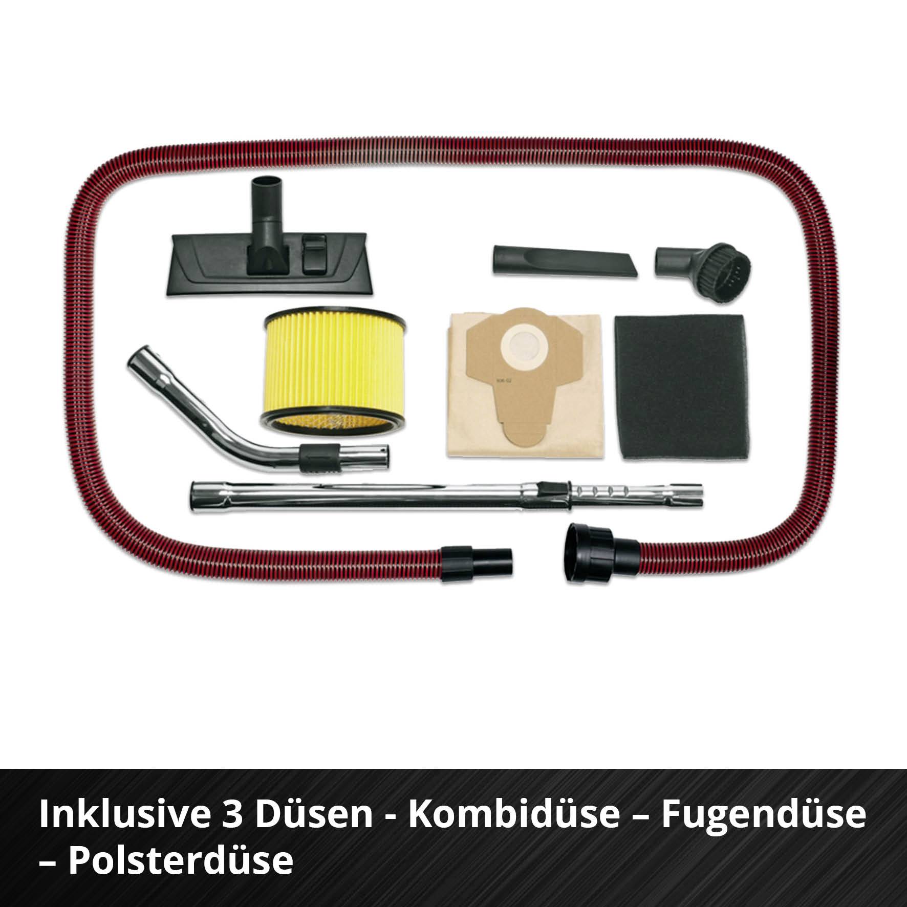 Enthält Zubehör für Staubsauger: Schlauch, drei Düsen (Kombidüse, Fugendüse, Polsterdüse), Filter, Staubbeutel.