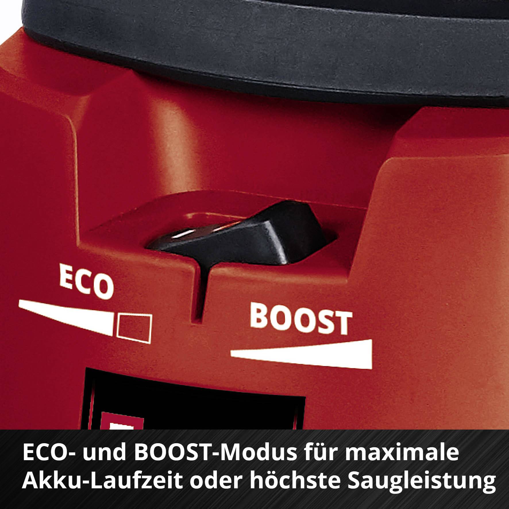 Roter Staubsauger mit Schalter für 'ECO'- und 'BOOST'-Modus zur Auswahl zwischen langer Akkulaufzeit oder maximaler Saugleistung.