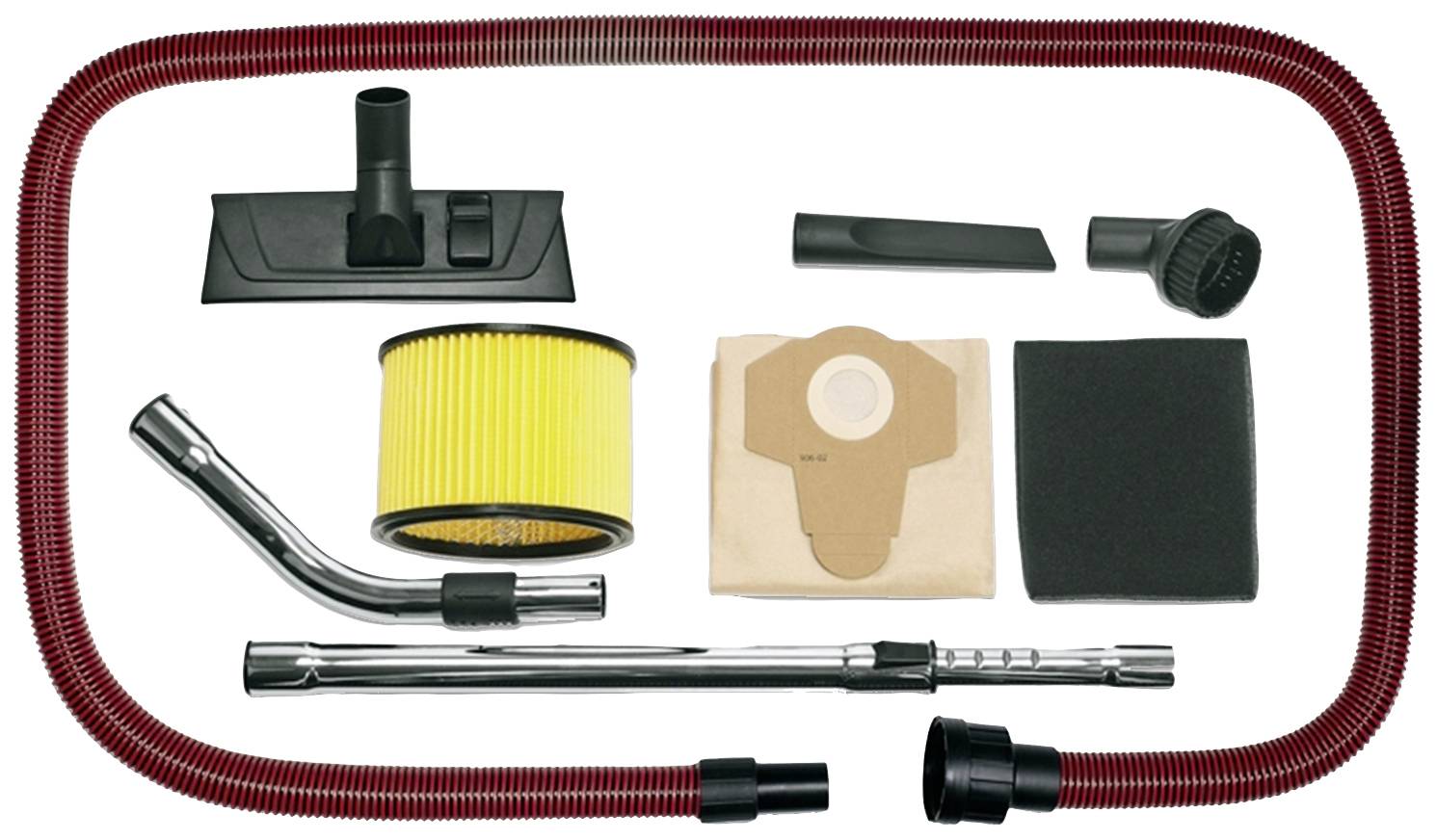 Ein Set von Staubsaugerzubehör: roter Schlauch, Boden- und Spaltaufsätze, Bürste, Metallrohre, gelber Filter, Staubbeutel, Schaumstofffilter.