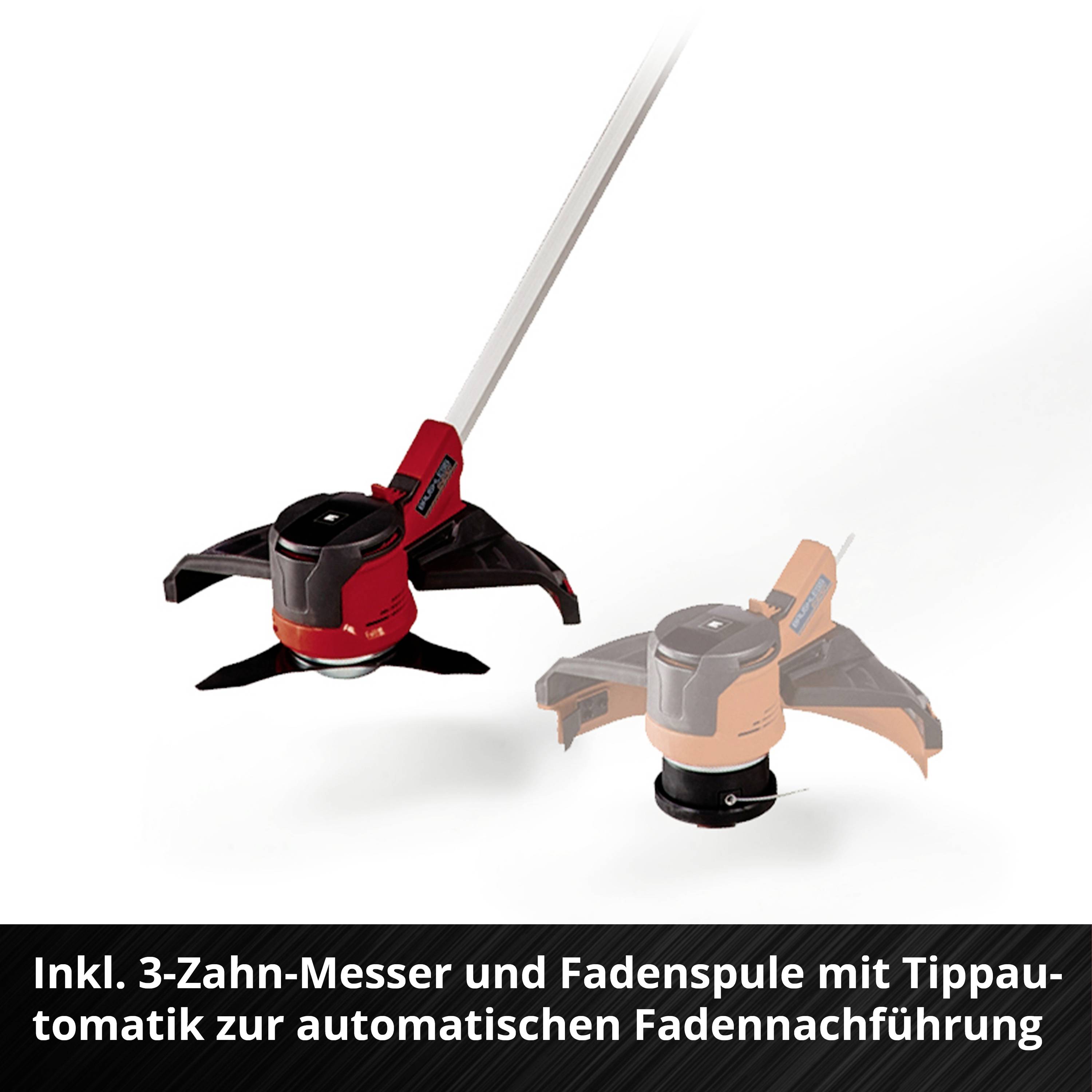 In der Abbildung sind ein roter und ein orangefarbener Rasentrimmerkopf mit integriertem 3-Zahn-Messer und Fadenspule zu sehen.