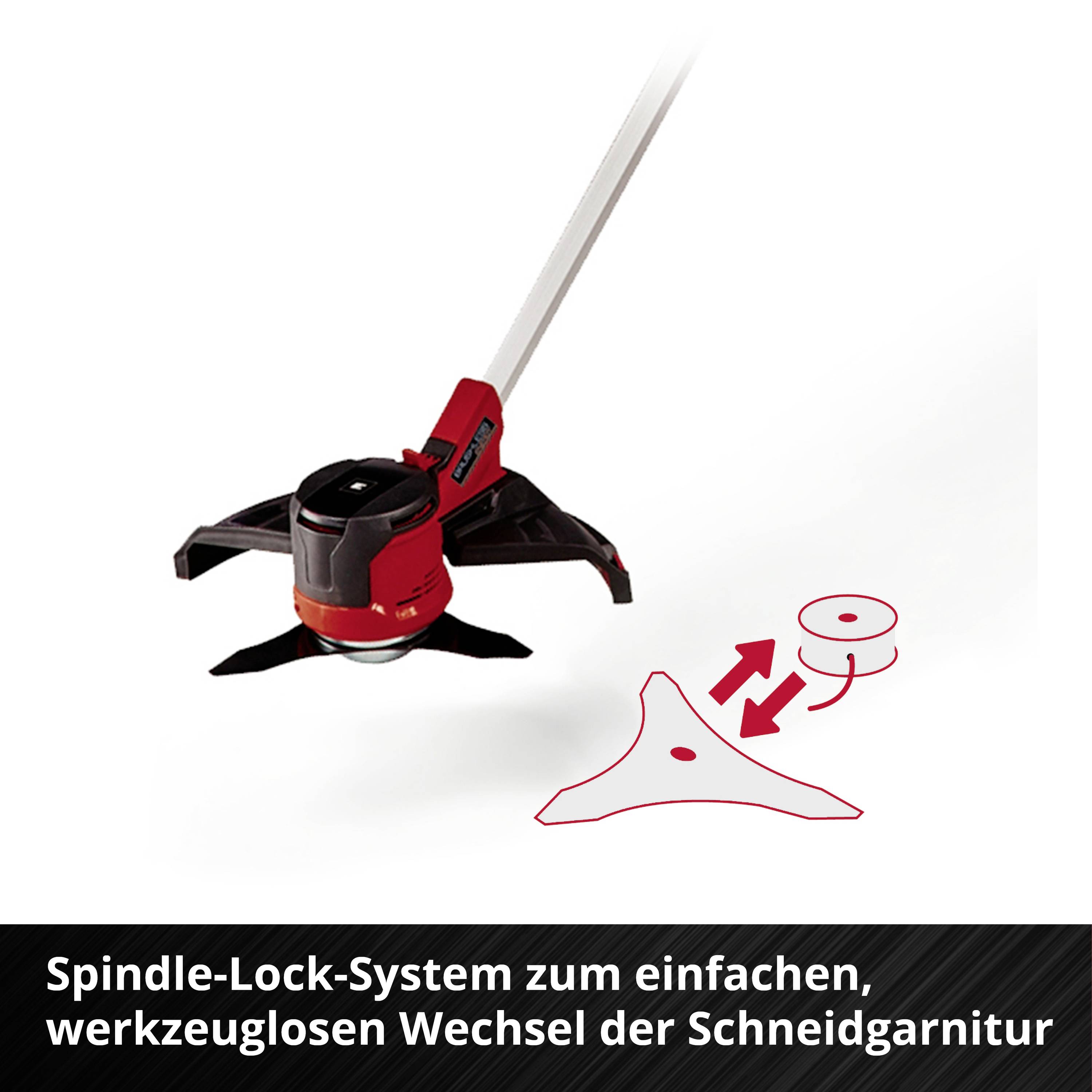 Ein Rasentrimmer mit Spindle-Lock-System für einfachen, werkzeuglosen Wechsel der Schneidgarnitur.