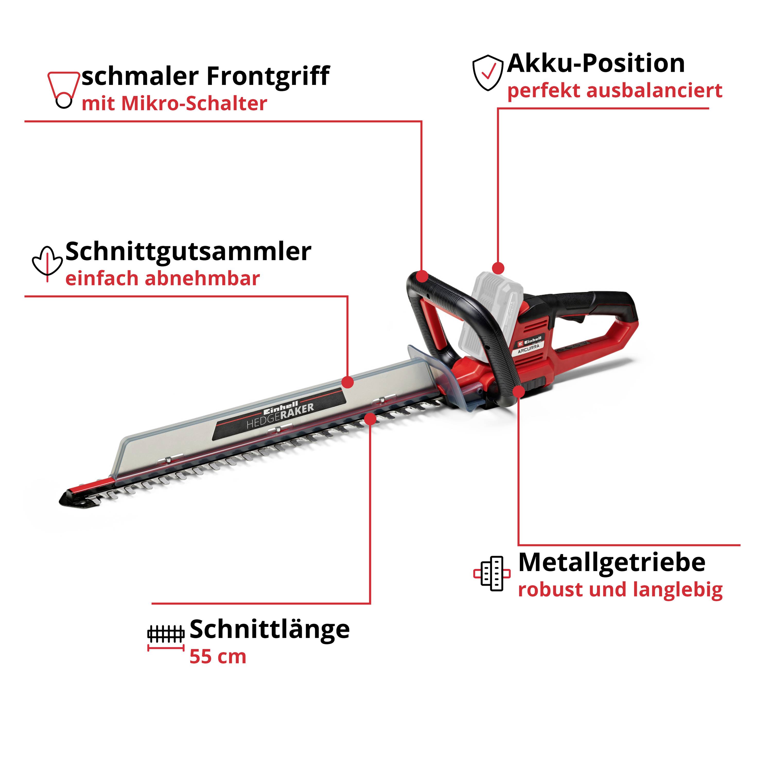 'Akkuschere mit schmalem Frontgriff und abnehmbarem Schnittgutsammler. Metallgetriebe, Schnittlänge 55 cm, Akku-Position perfekt ausbalanciert.'