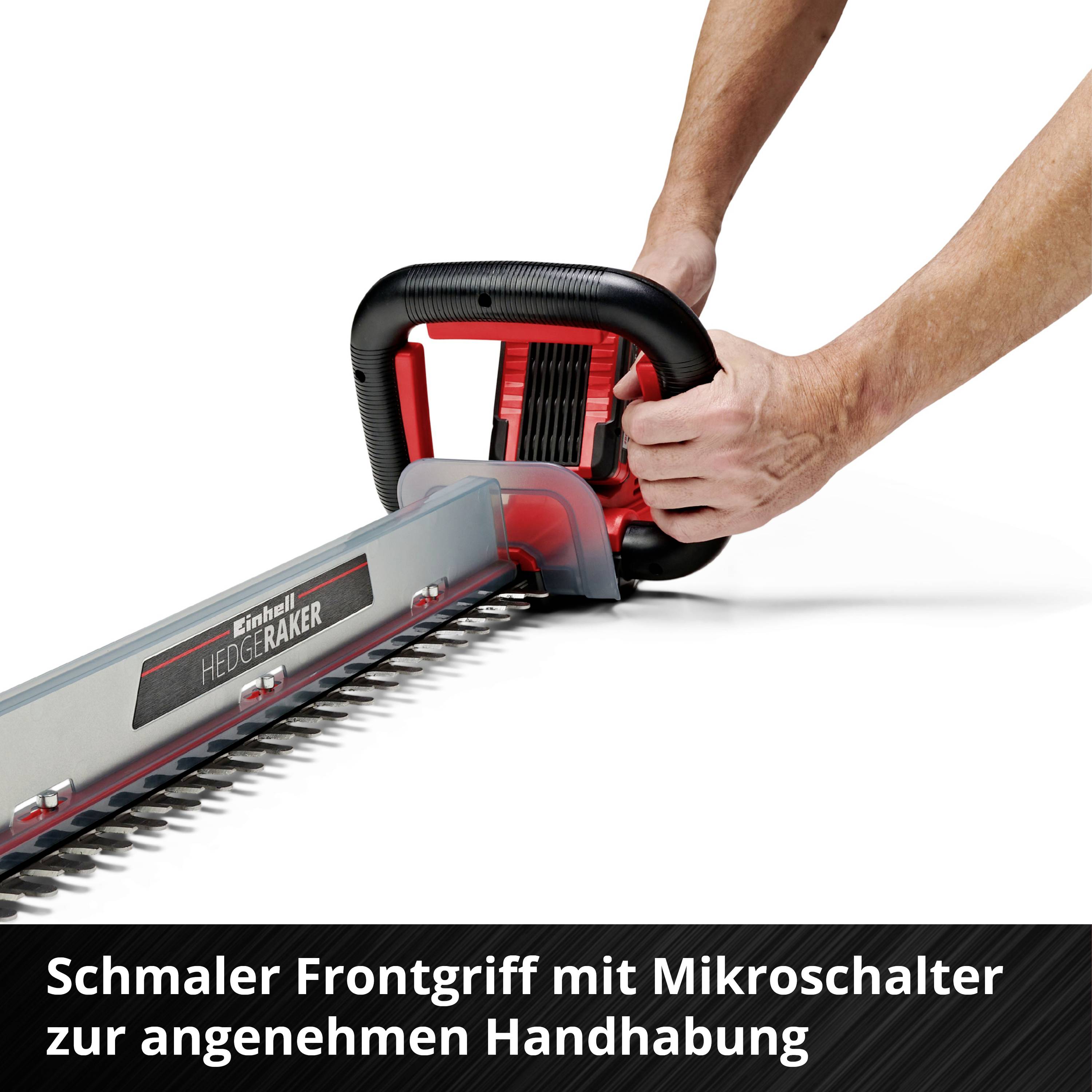 Menschliche Hände halten eine Heckenschere mit Mikro-Schalter. Text: 'Schmaler Frontgriff mit Mikroschalter zur angenehmen Handhabung'.