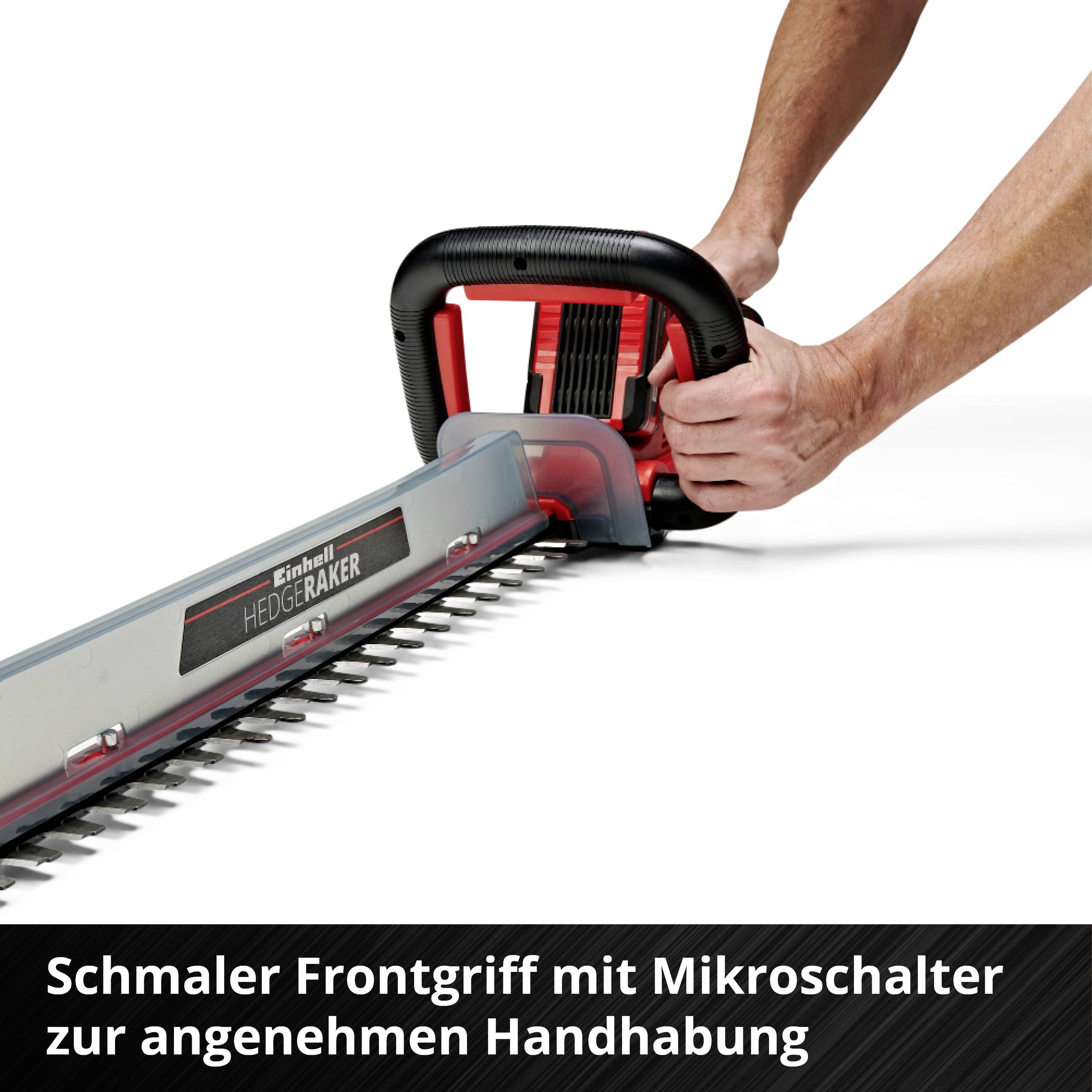 Eine Person hält eine elektrische Heckenschere mit schmalem Frontgriff. Text unten: 'Schmaler Frontgriff mit Mikroschalter zur angenehmen Handhabung'.