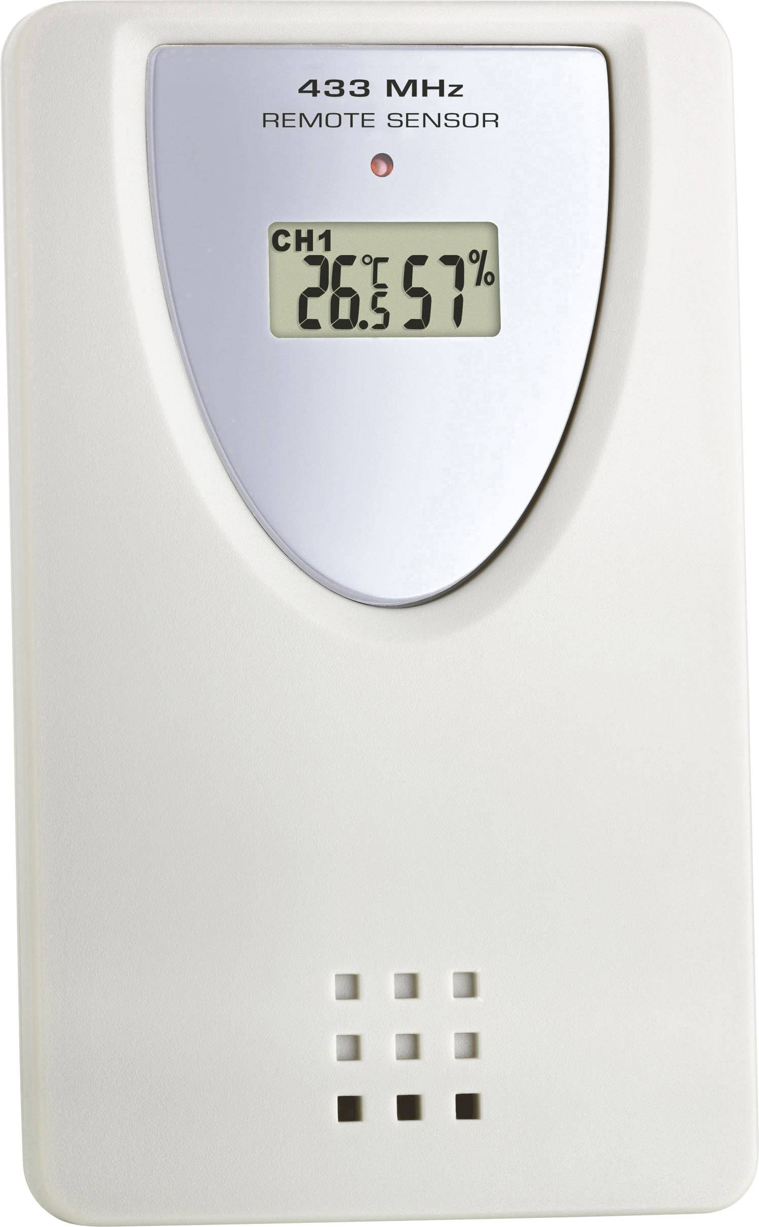 Ein externer Temperatursensor zeigt 'CH1 26,5°C 57%' auf einem LCD-Display an. Typ: 433 MHz Remote Sensor.