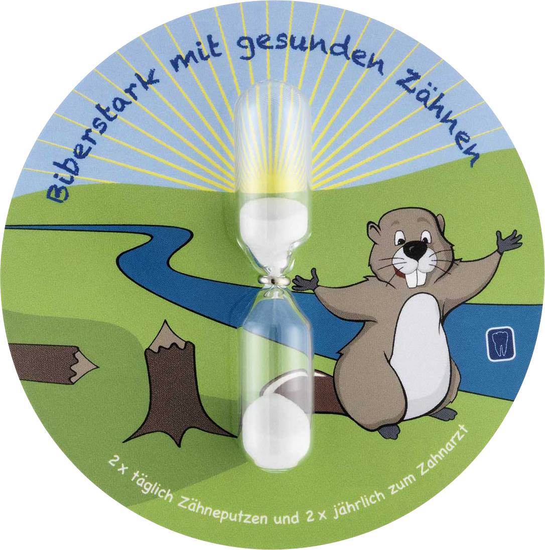 Ein Biber steht neben einem Fluss mit einer Sanduhr auf einer Spielkarte und dem Text 'Biberstark mit gesunden Zähnen'.