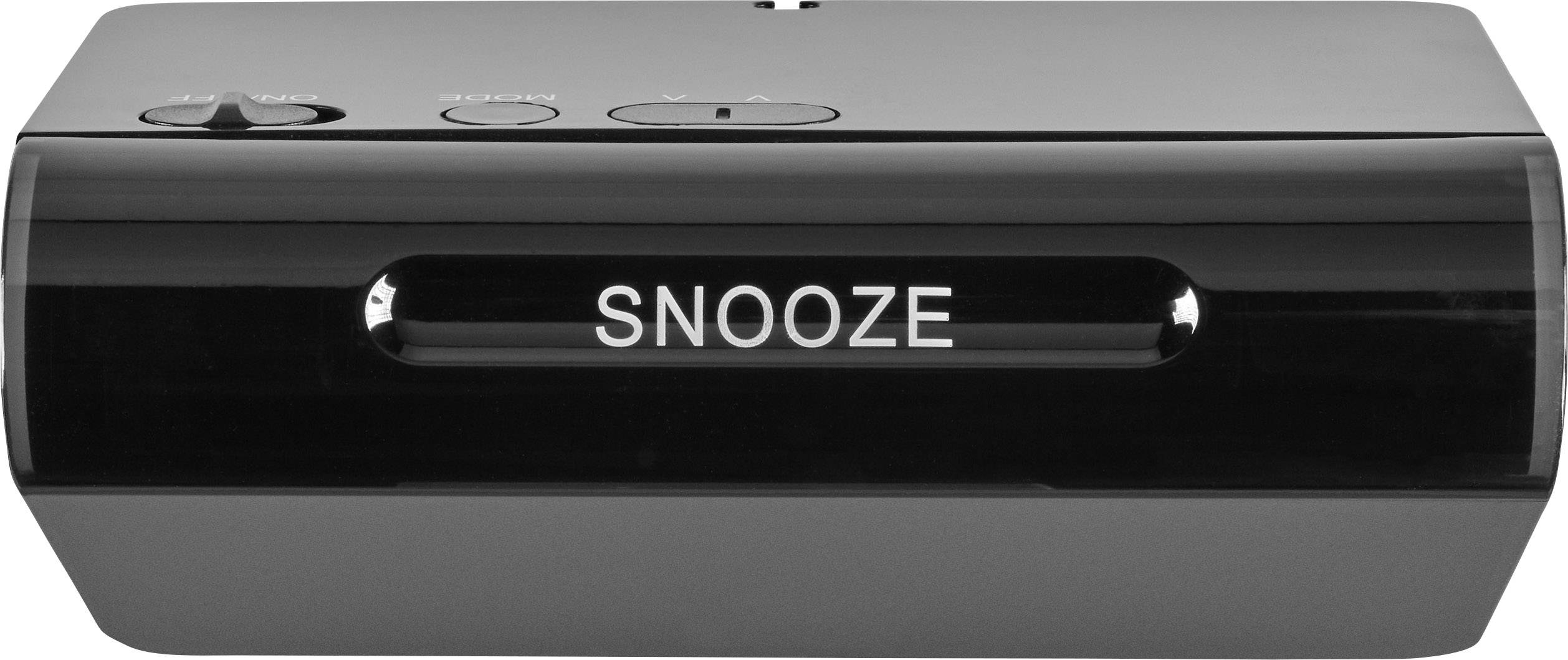 Ein Wecker mit einer großen Taste auf der Vorderseite, die mit 'SNOOZE' gekennzeichnet ist.
