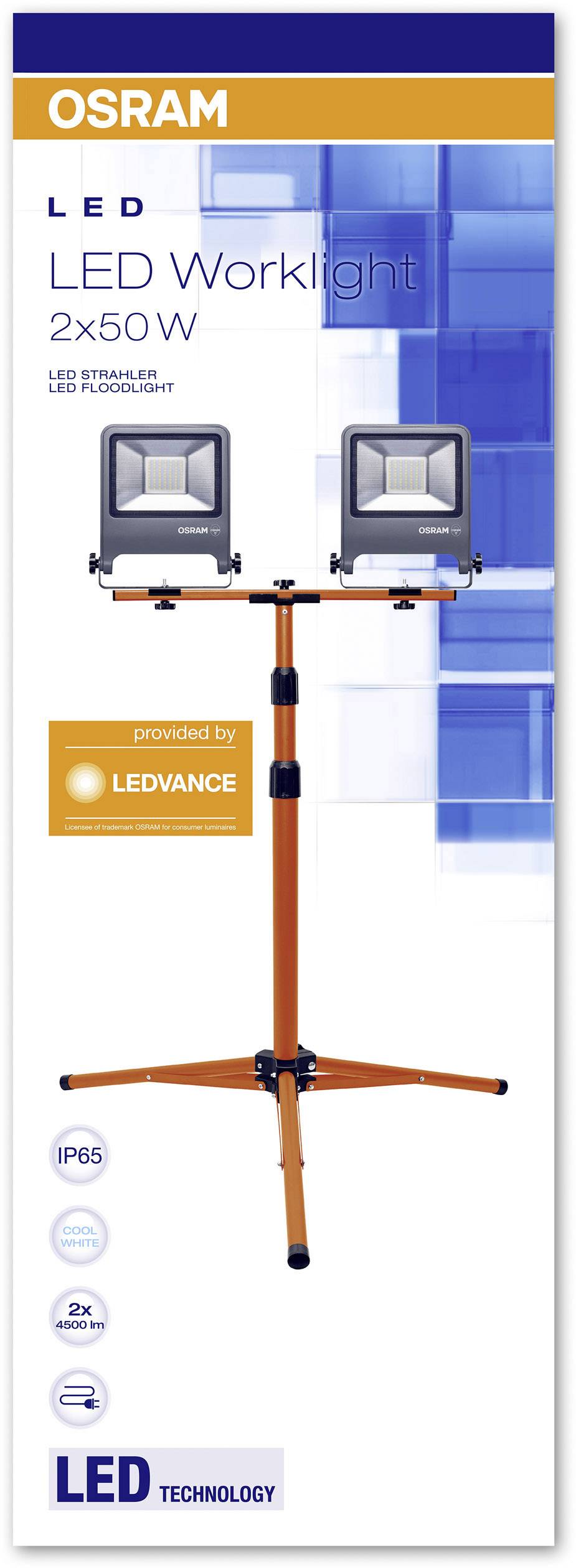 'OSRAM LED Worklight 2x50 W mit Stativ.' Ein orangefarbenes Stativ hält zwei LED-Strahler. Geeignet für den Außeneinsatz (IP65).