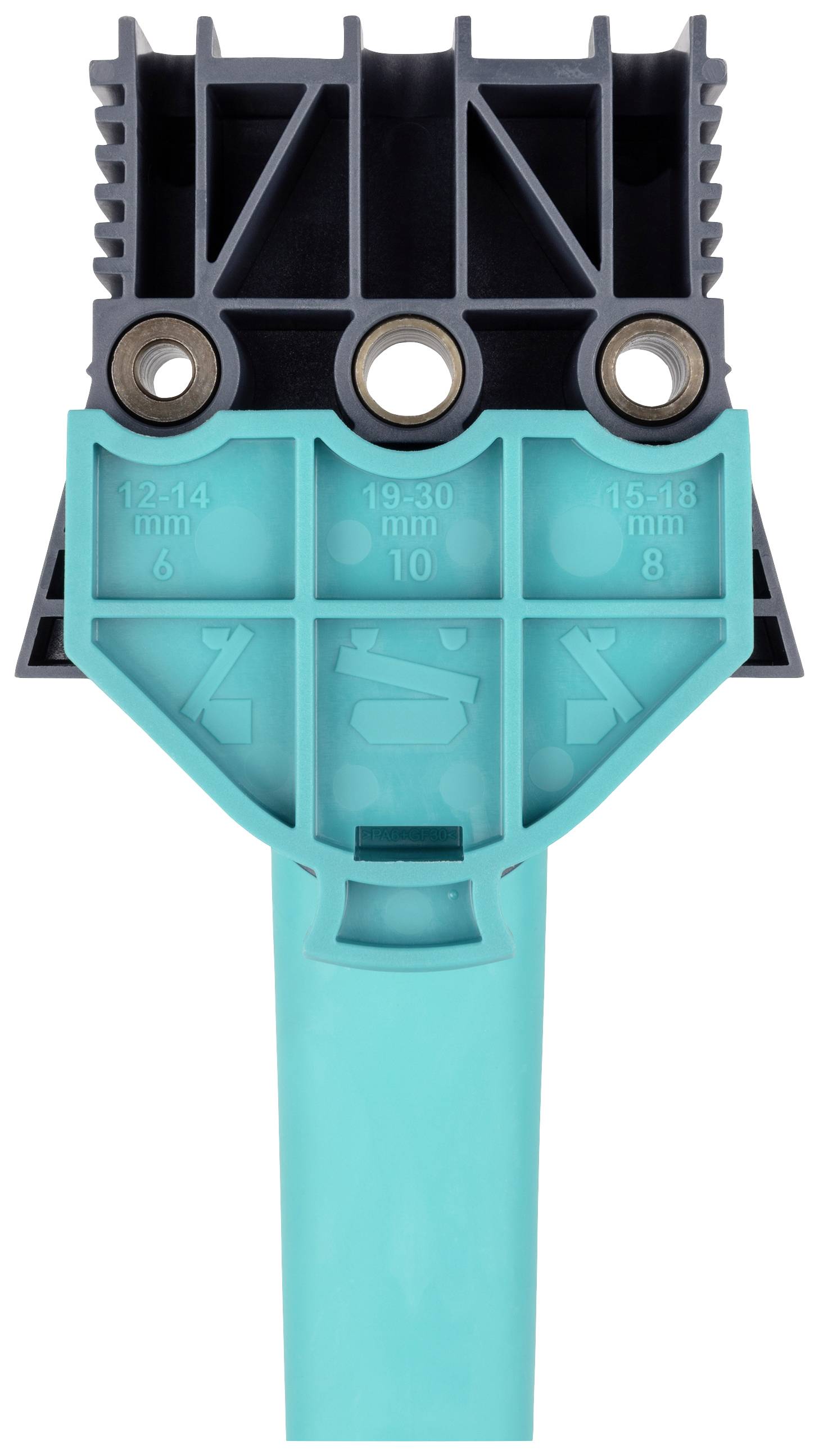 Die Abbildung zeigt einen Kunststoffhalter mit mehreren Bohrungen für spezifische Durchmesser zwischen 12 und 18 mm, verwendet in technischen Anwendungen.