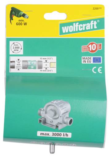 Verpackung einer Wasserpumpe von Wolfcraft mit Leistungsangabe 'max. 3000 l/h', Mindestleistung 'min. 600 W', und Durchmesseroptionen.