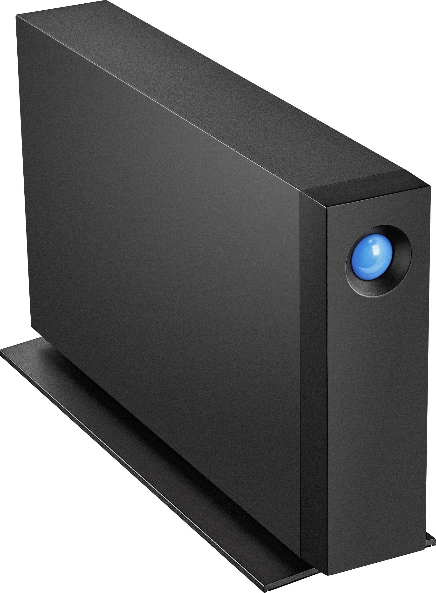 Schwarze externe Festplatte mit blauem Knopf vorne auf einem Standfuß. Sie hat ein minimalistisches, modernes Design.