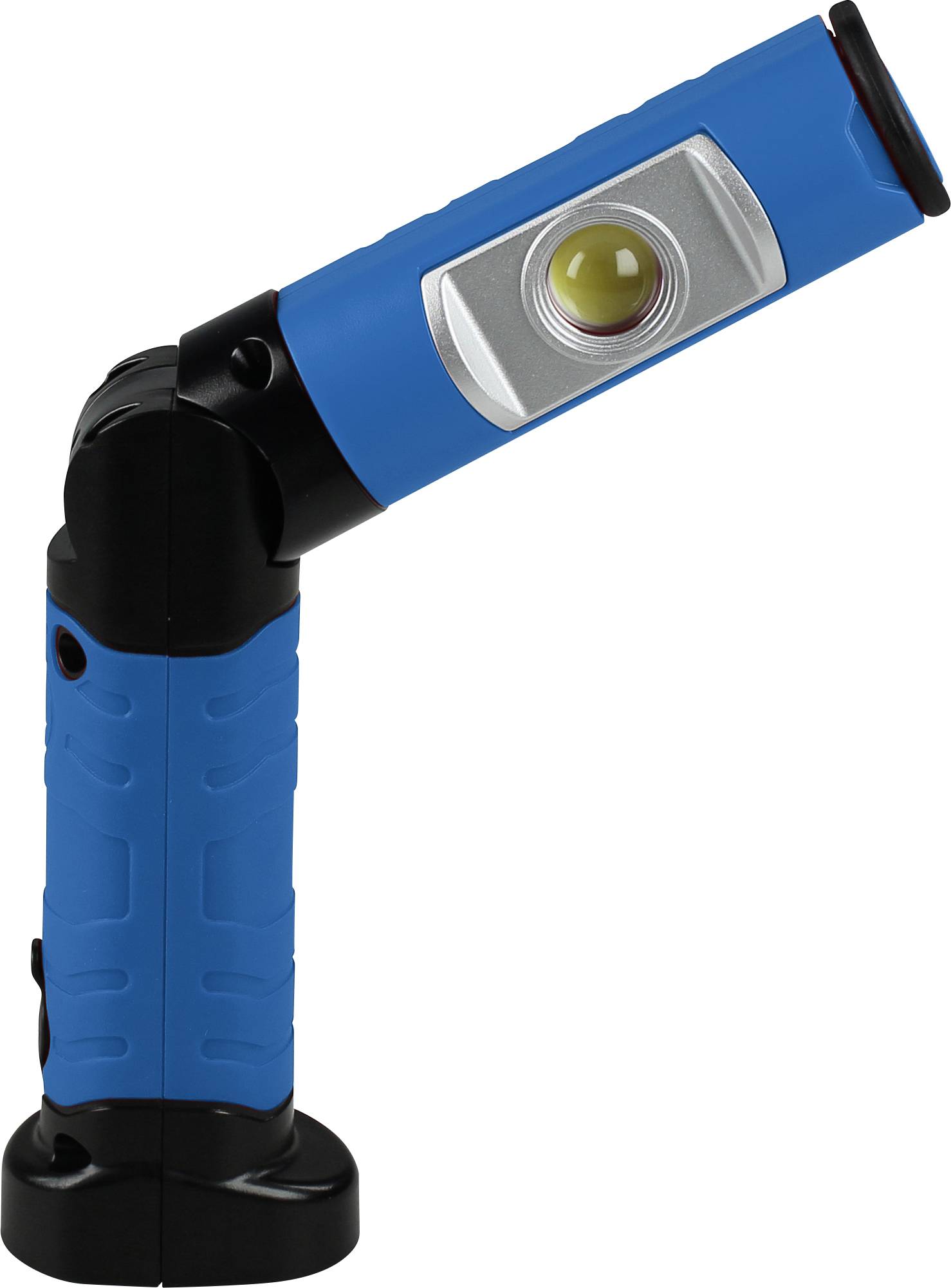 Blaue Taschenlampe mit drehbarem Kopf und schwarzem Griff, stehend in etwa gebeugter Position.