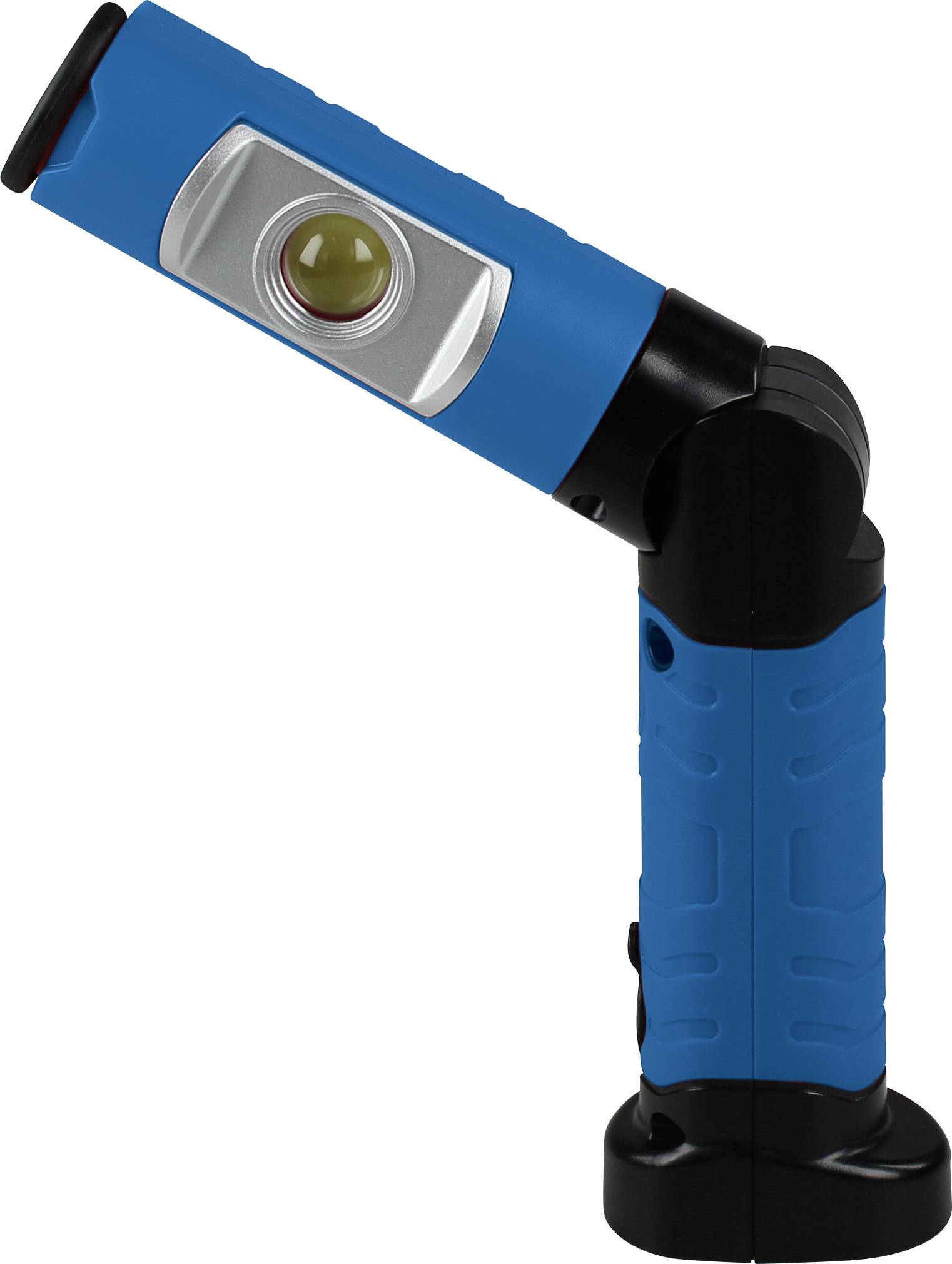 Tragbare, blaue LED-Taschenlampe mit schwenkbarem Kopf und schwarzem Griff, ideal für freihändiges Arbeiten in verschiedenen Winkeln.