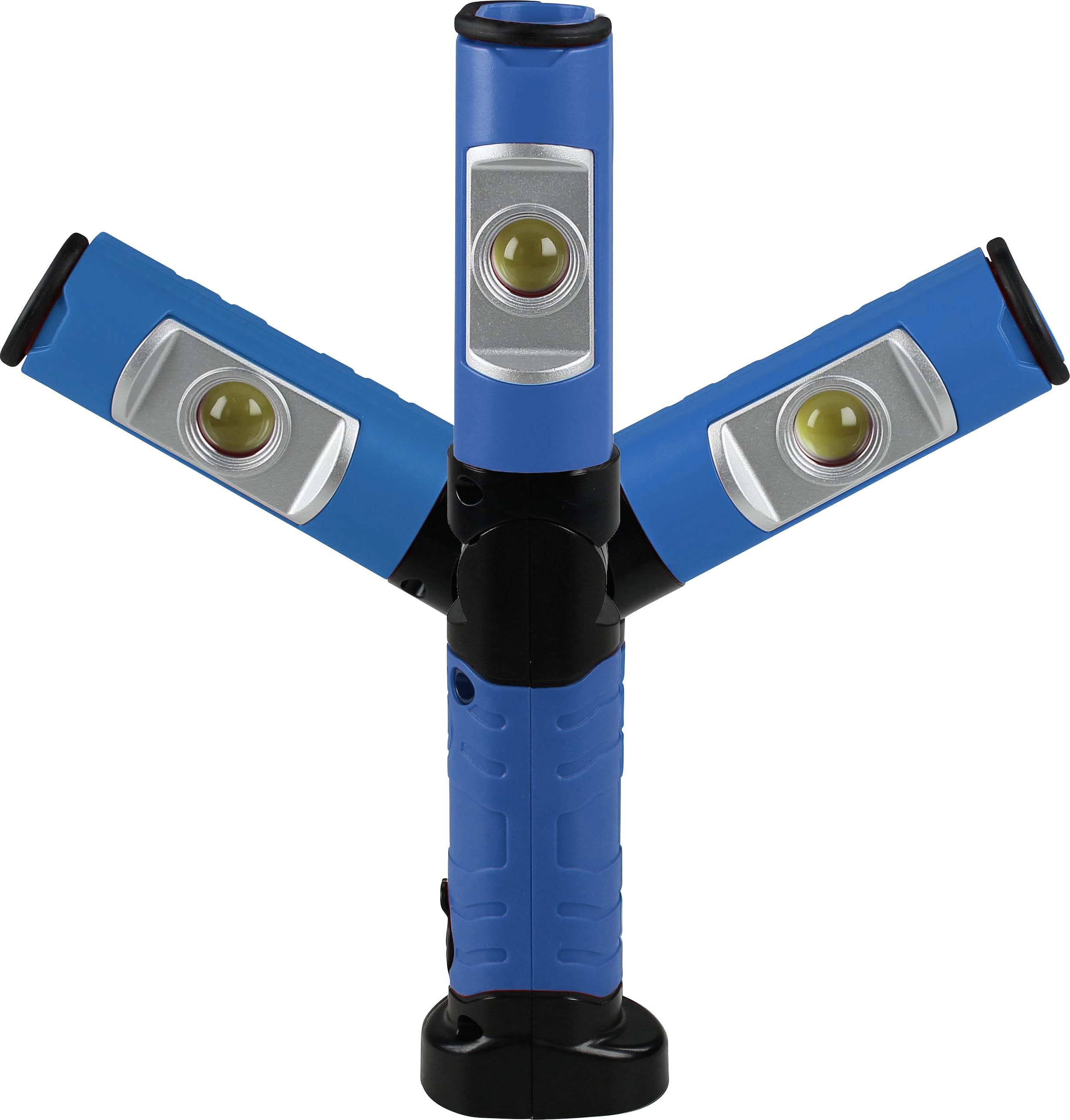Eine blaue LED-Taschenlampe mit drei klappbaren Lichtarmen in U-Form. Jeder Arm hat eine LED-Linse in der Mitte.