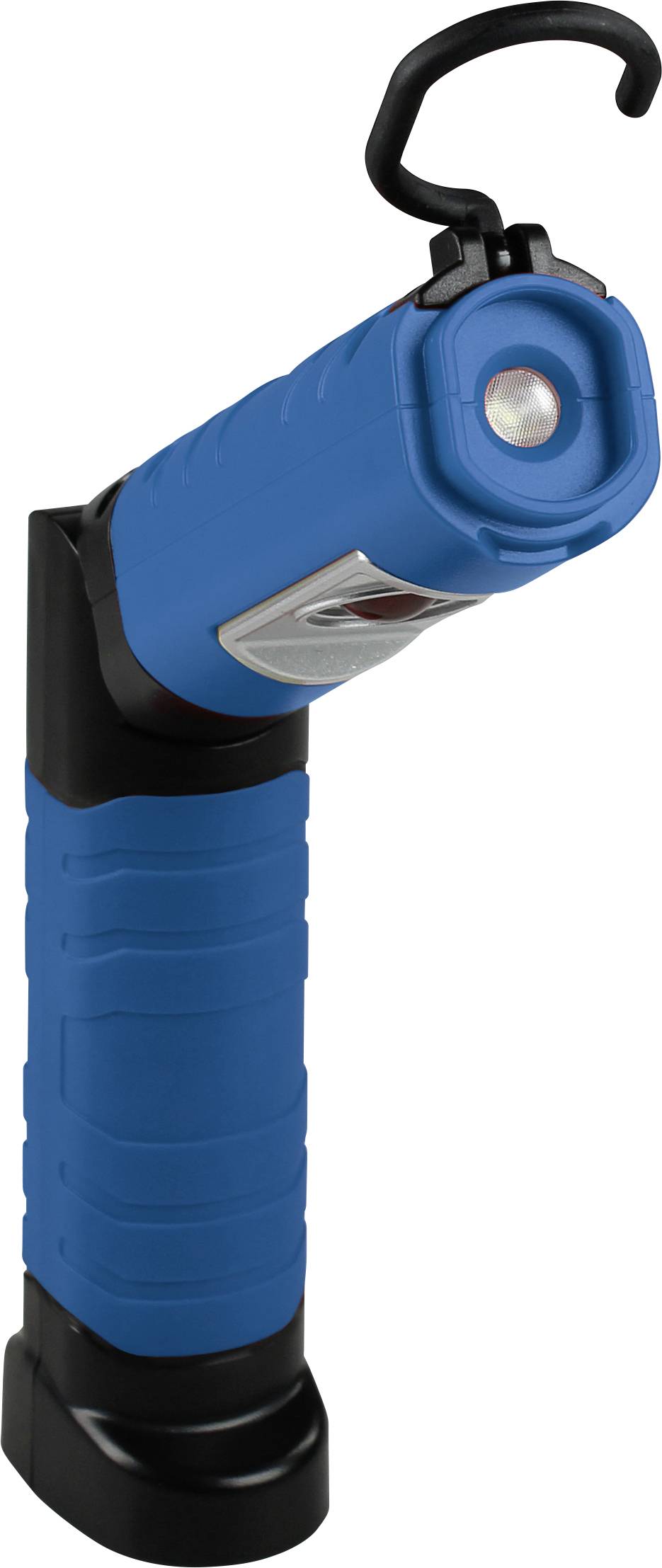 Eine blaue, tragbare LED-Lampe mit einem Haken oben, ideal zum Aufhängen bei Outdoor-Aktivitäten oder in Werkstätten.