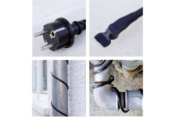 Vierteilige Abbildung, die einen Stecker, ein mit Klebeband umwickeltes Elektrokabel, eine aufgewickelte Kabel auf einem Rohr und eine mit Klebeband abgedichtete Rohrverbindung zeigt, die verschiedene elektrische und sanitäre Reparaturen veranschaulicht.