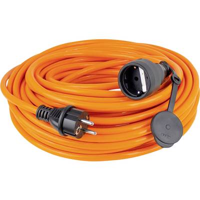 Ein langes orangefarbenes Verlängerungskabel mit einem Schutzkontaktstecker und einer Steckdose. Geeignet für den Außeneinsatz.