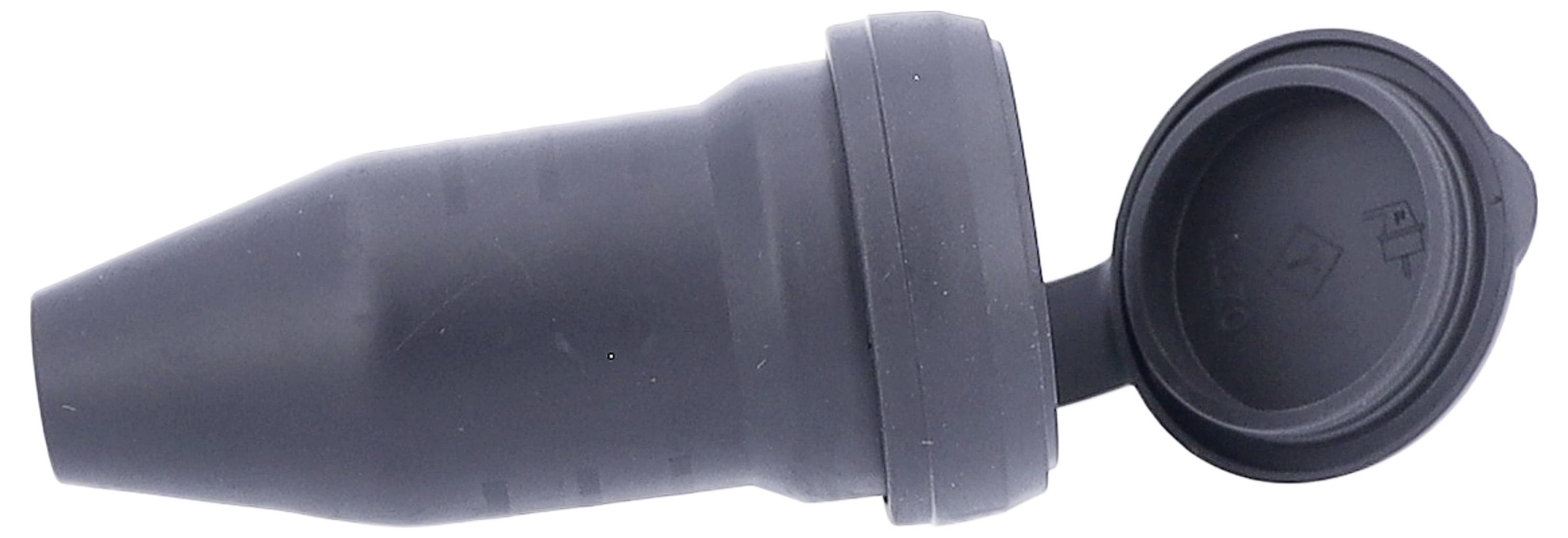 Ein schwarzer, runder Gummikapselverschluß mit abnehmbarer Kappe, geeignet für wasserfeste Abdichtung von Elektroverbindungen.