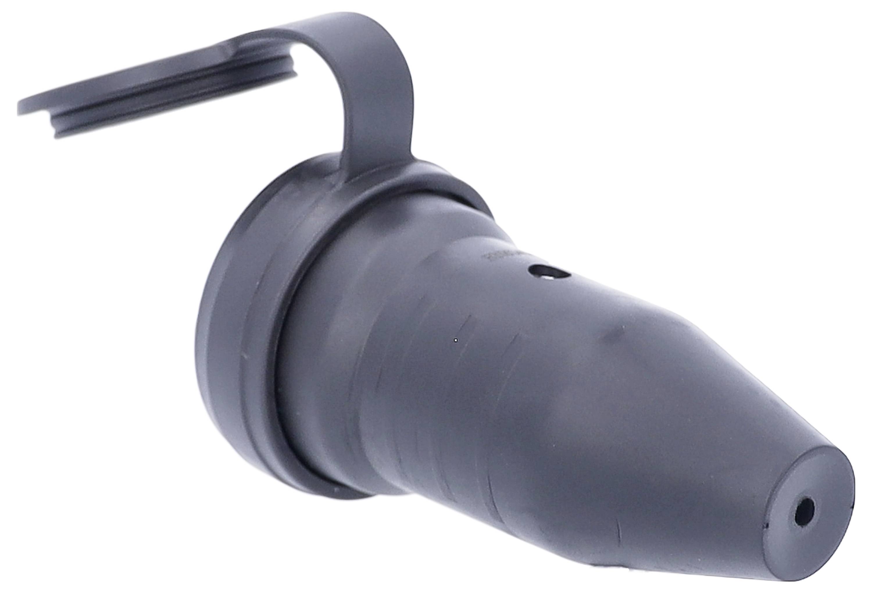 Schwarzer Kunststoff-Aufsatz mit einer kleinen Öffnung auf der Vorderseite und einem flexiblen Deckel, wahrscheinlich ein Verschluss oder Adapter.