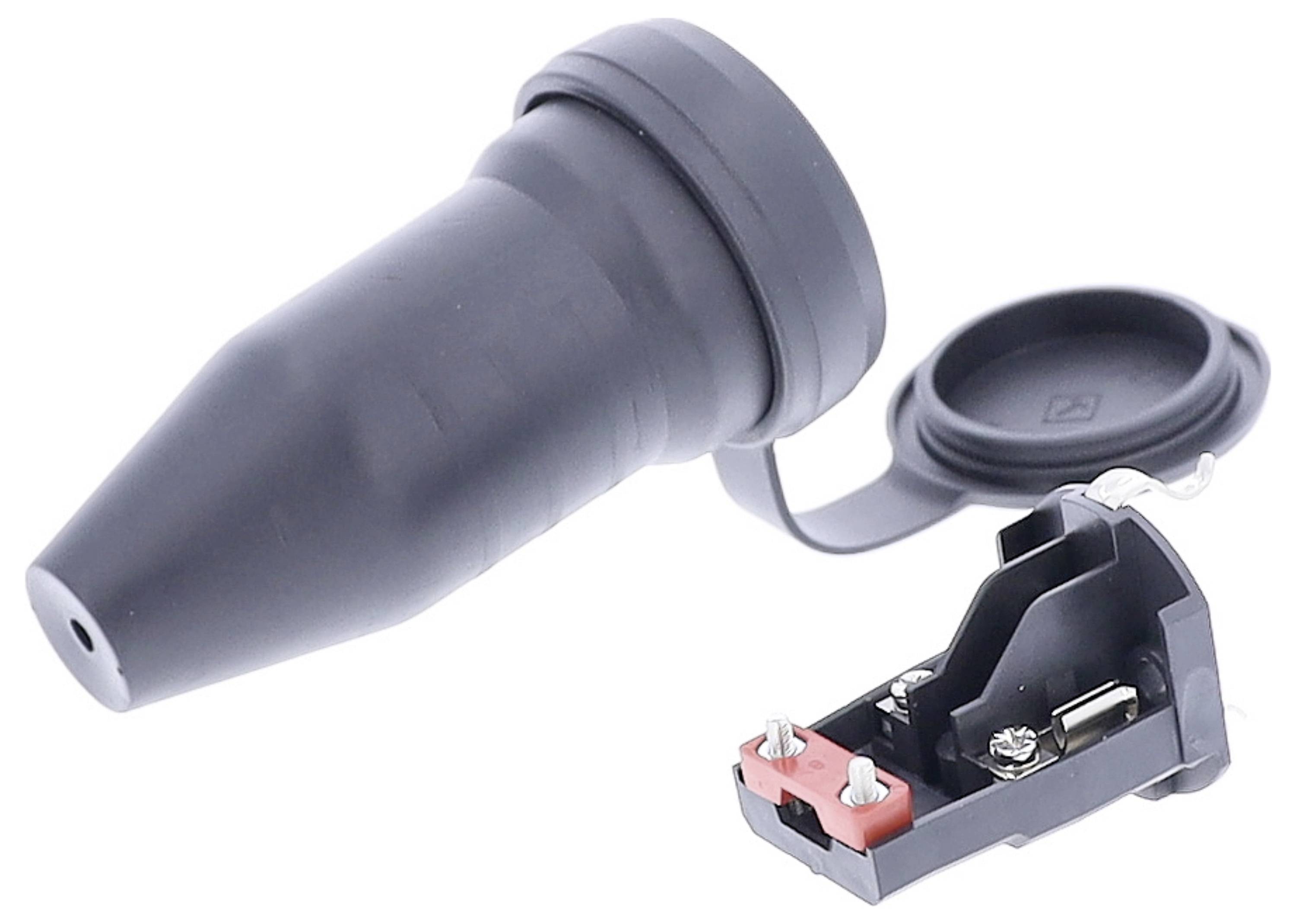 Ein schwarzer Steckeradapter mit Schutzkappe und offener Sicherungskomponente daneben. Geeignet für industrielle Anwendungen.