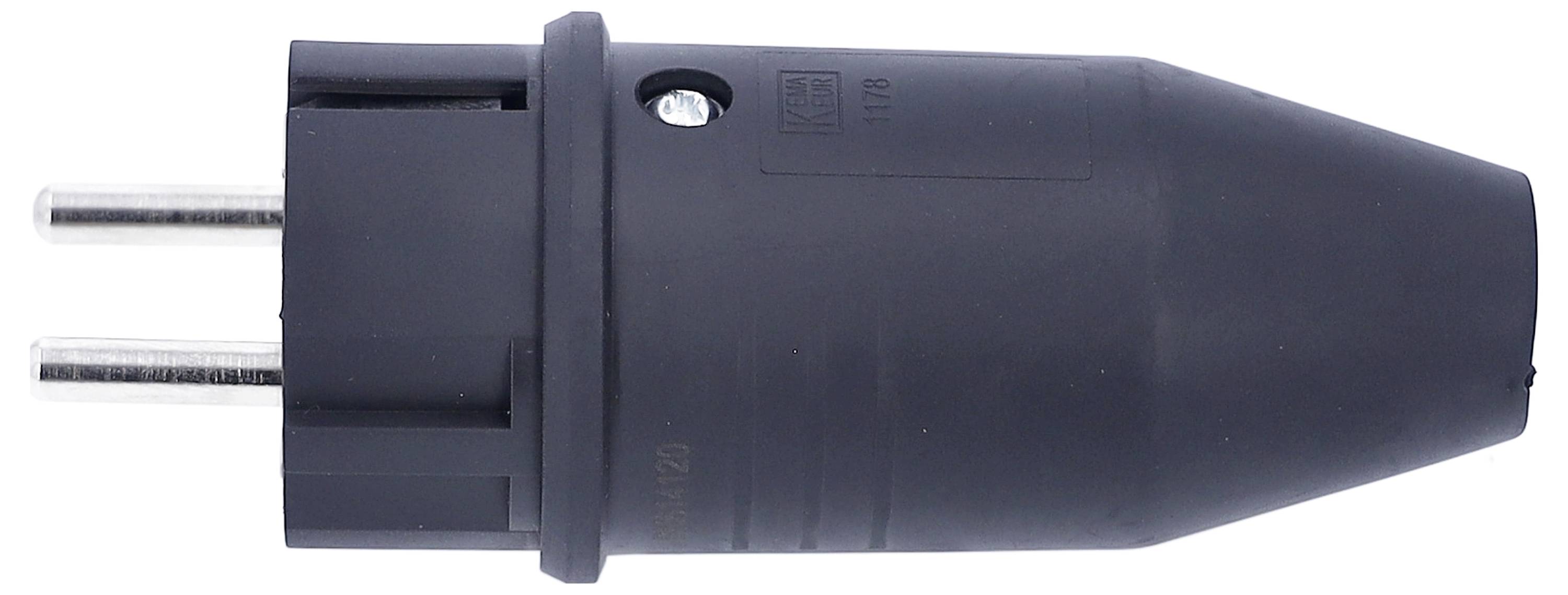 Ein männlicher Eurostecker in schwarzem Gehäuse mit zwei Metallstiften, geeignet für europäische Steckdosen.