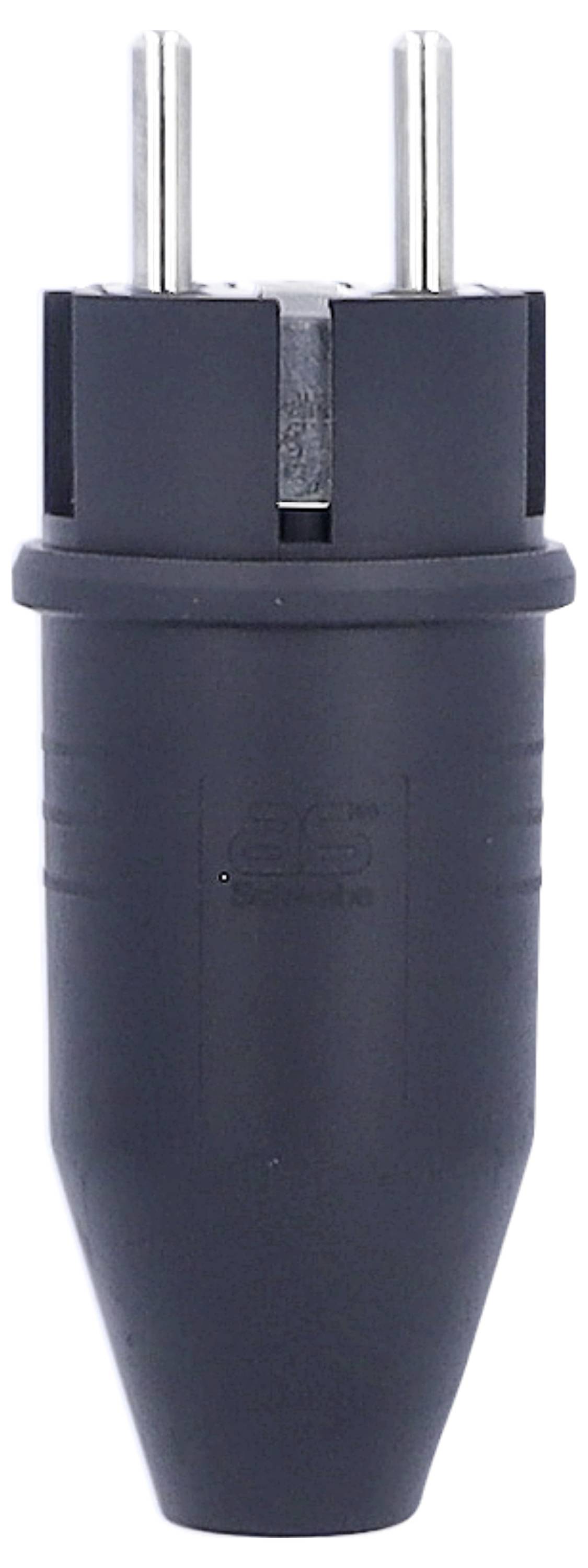 Ein schwarzer Eurosteckeradapter mit zwei Metallstiften, geeignet für den Anschluss an europäische Steckdosen.