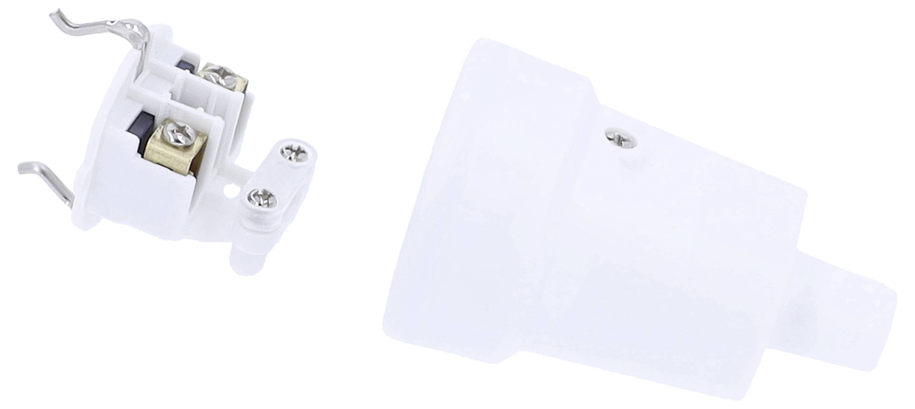 Zwei weiße Kunststoff-Gehäuseteile, die zu einem elektrischen Stecker gehören. Links sieht man die Steckkontakte, rechts das Gehäuse.