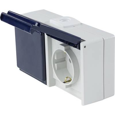 Elektrische Außensteckdose mit Schutzabdeckung und Wandmontagegehäuse, geöffnet, bereit für den Anschluss.