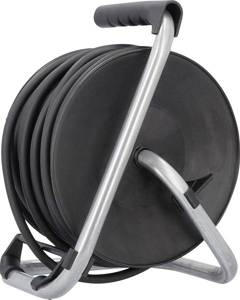 Eine schwarze Kabeltrommel auf einem Metallgestell mit ergonomischem Griff, dient zur ordentlichen Aufbewahrung und einfachen Nutzung von Kabeln.