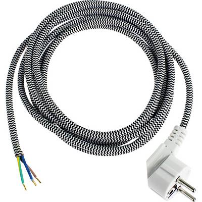 Ein weiß-schwarzes Textilkabel mit einem abgewinkelten, weißen Stecker und offenen, farbigen Drahtenden.