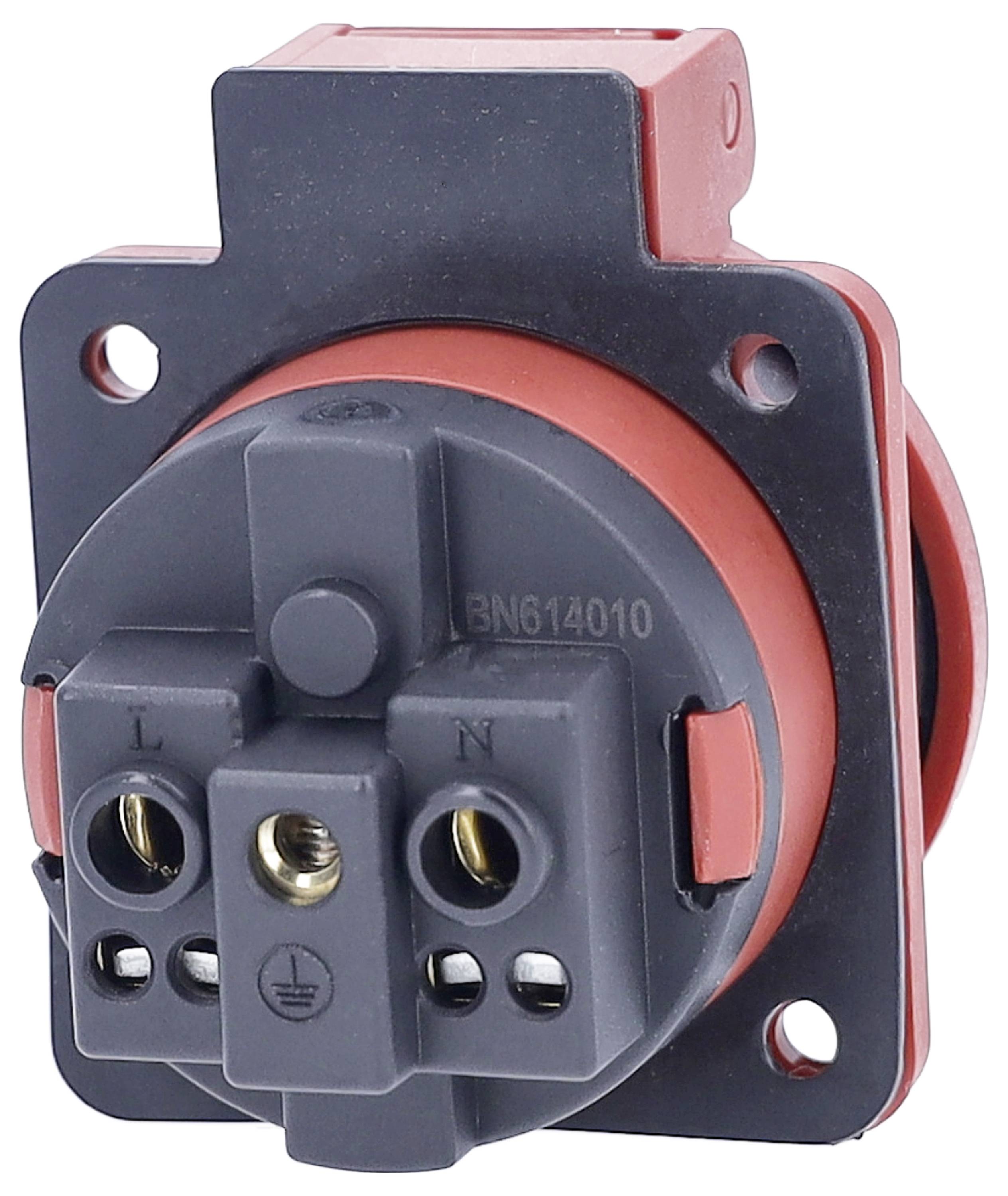 Ein roter, runder Stecker mit drei Anschlüssen, beschriftet mit 'L', 'N' und einem Erdungssymbol. Geeignet für industrielle Anwendungen.