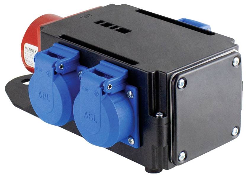 Ein schwarzer elektrischer Stromverteilungskasten mit zwei blauen Steckdosenbuchsen an seiner Seite, der zum Anschließen und Verteilen von elektrischer Energie verwendet wird.