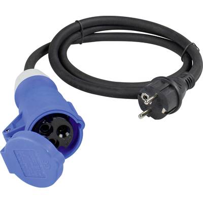 Schwarze Schuko-Steckverbindung mit einem blauen CEE-Adapter an einem Kabel, verwendet zur Stromverbindung in Europa.