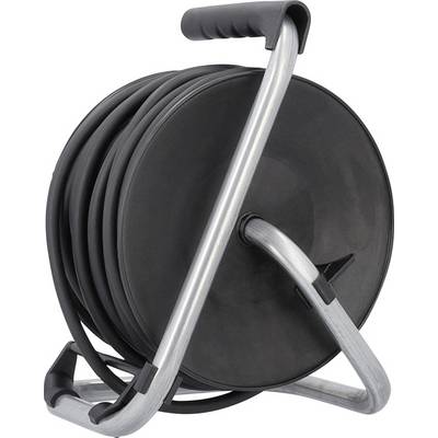 Eine schwarze Kabeltrommel mit Griff, die auf einem silbernen Gestell steht. Sie ist zur Aufbewahrung von Kabeln oder Schläuchen geeignet.