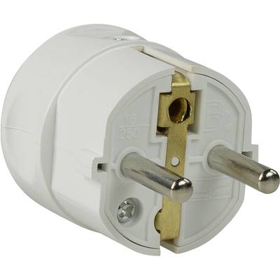 Ein weißer, zweipoliger elektrischer Steckeradapter mit runden Metallstiften, geeignet für europäische Steckdosen.