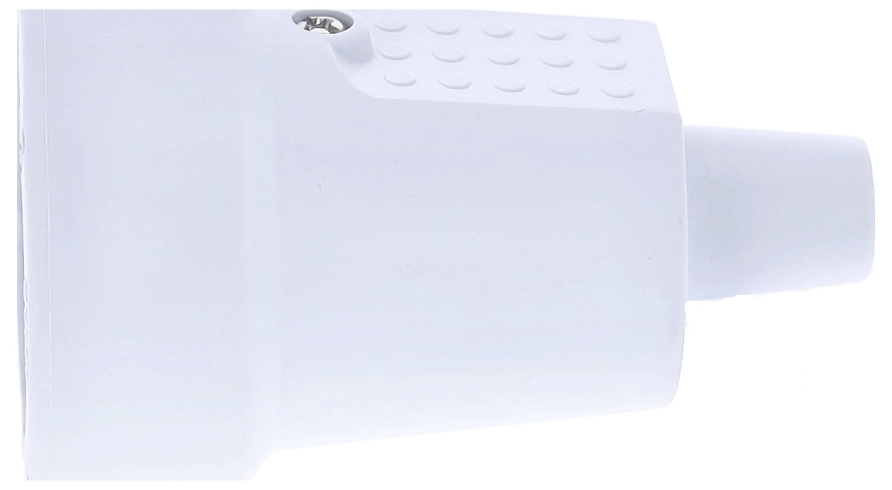 Weißer Netzsteckeradapter mit geriffelter Oberseite und Kordelbefestigungsschraube.