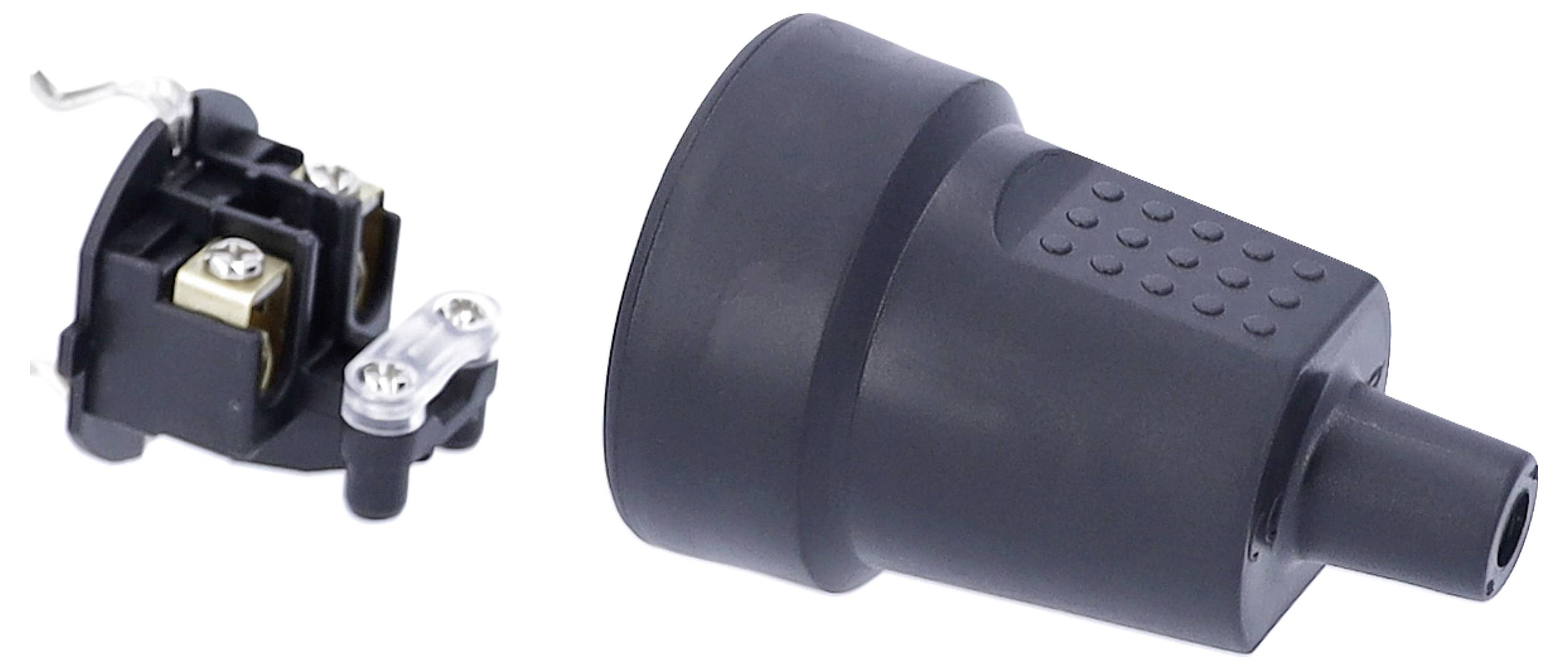 'Schwarzer Adapter und Schuko-Stecker auseinandergebaut. Der Adapter hat ein geripptes Design für besseren Halt.'