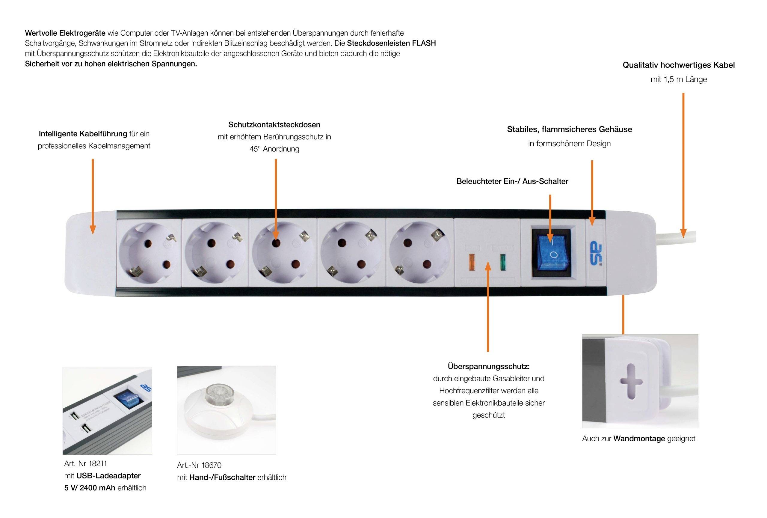 'Steckdosenleiste FLASH: 5 Steckdosen, Überspannungsschutz, Ein-/Ausschalter, Wandmontageoption. Hochwertiges, flammensicheres Gehäuse.'