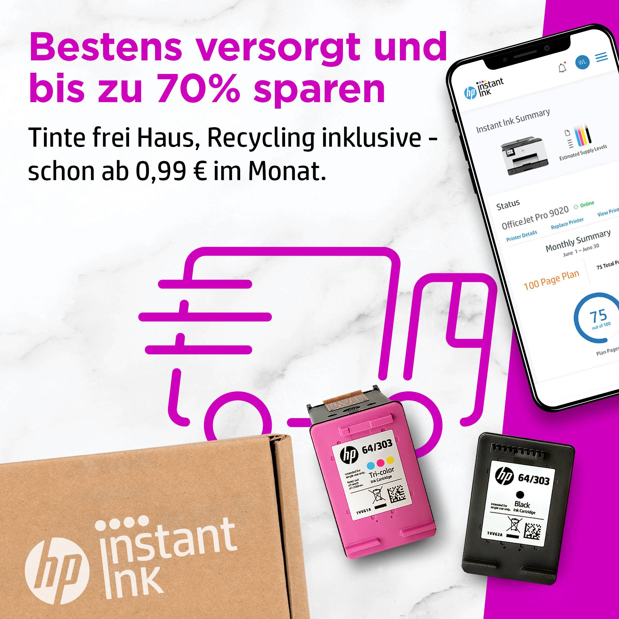 'Bestens versorgt und bis zu 70% sparen. Tinte frei Haus, Recycling inklusive - schon ab 0,99 EUR im Monat.' HP Instant Ink Werbung mit Patronen.