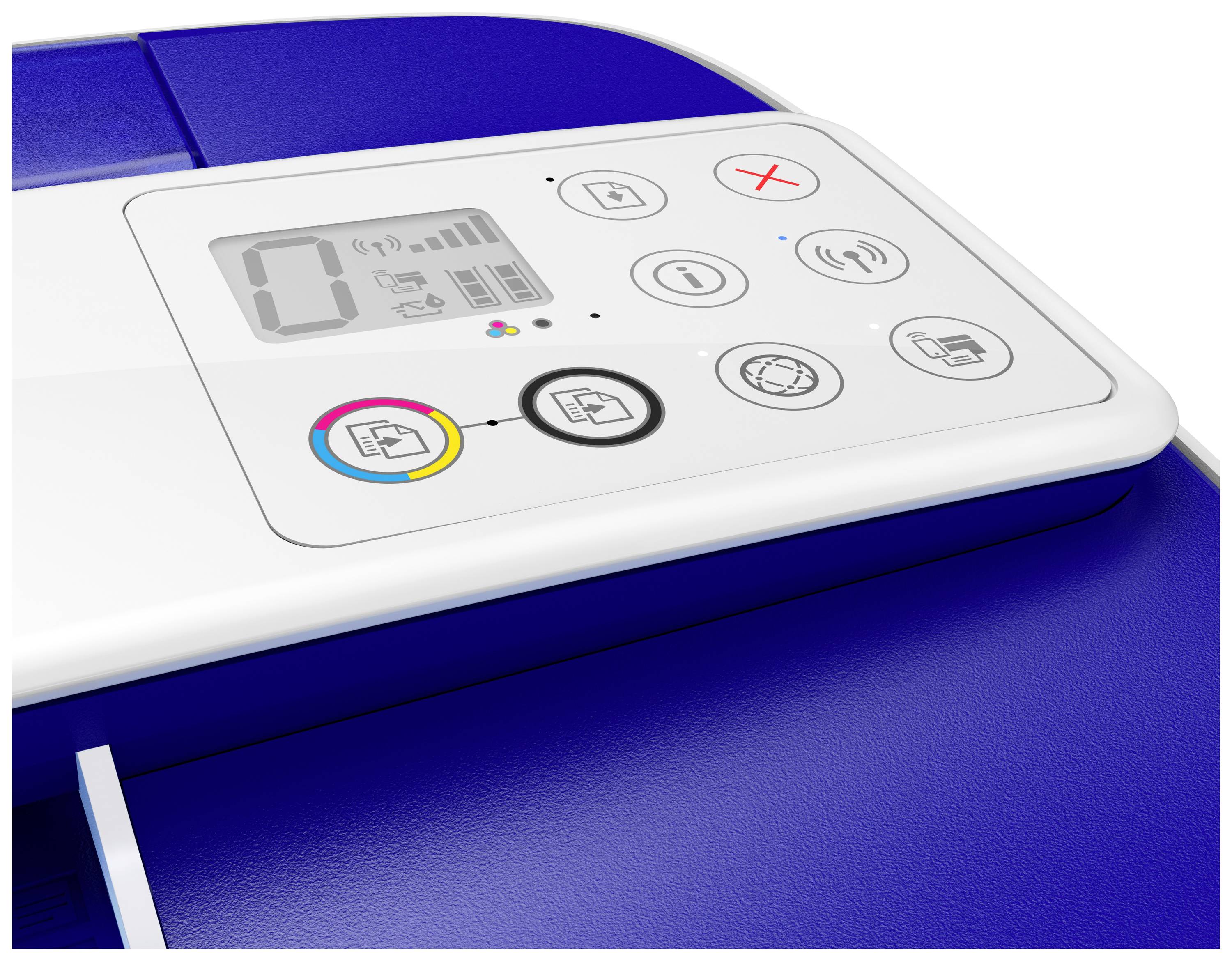 Nahaufnahme eines Druckerbedienfelds mit Tasten für Kopieren, Abbrechen und WLAN. Ein Bildschirm zeigt '0' an, darunter Icons für Farbe und Schwarz-Weiß-Druck.
