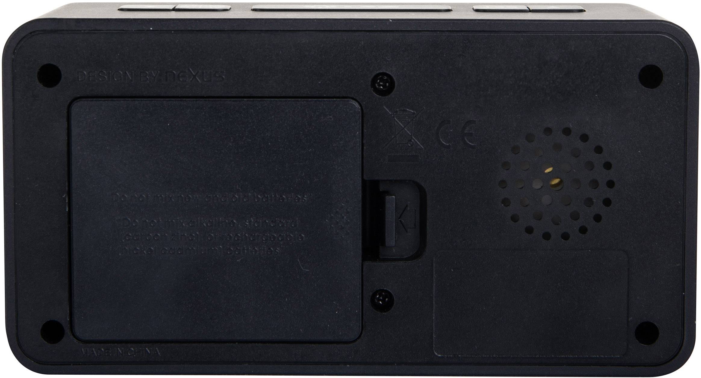 Schwarze Rückseite eines elektronischen Geräts mit Batteriefach, Lautsprecheröffnung und Schraubenlöchern, ohne sichtbare Markenkennzeichnung.