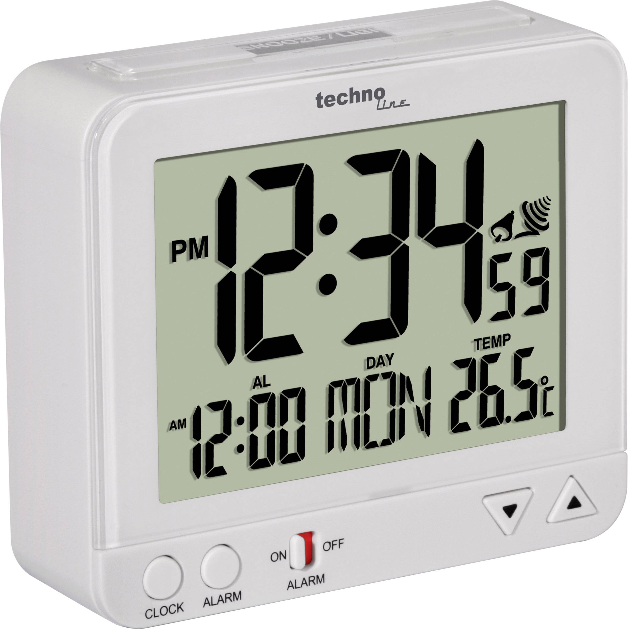 Ein digitaler Wecker zeigt die Uhrzeit '12:34 PM', das Datum 'MON', und die Temperatur '26,5°C'. Alarm und Tag sind eingestellt.