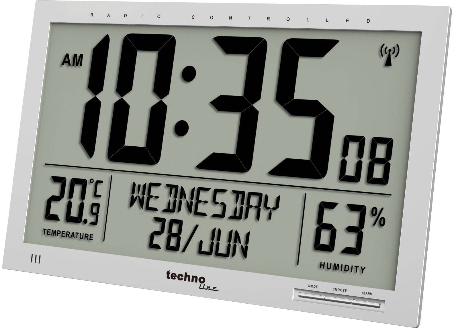 'Digitale Funkuhr mit Anzeige: 10:35 Uhr, Mittwoch, 28. Juni. Temperatur: 20,9°C. Luftfeuchtigkeit: 63%.'