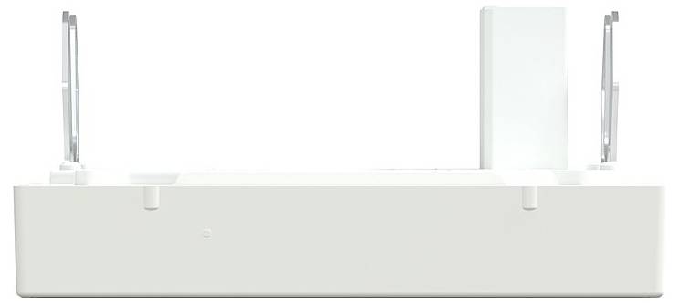 Weiße Dose mit zwei herausragenden Clips und einer aufrechten Lasche; möglicherweise Teil eines Mechanismus oder einer Halterung.