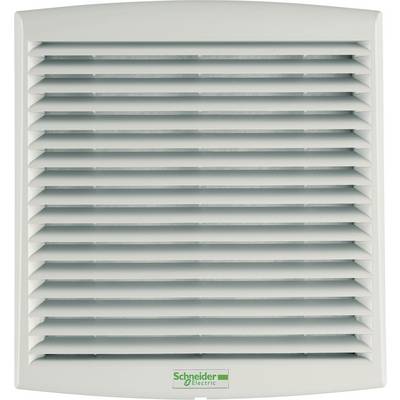 Weiß montiertes Wandlüftungsgitter mit horizontalen Lamellen, unten mit dem Label „Schneider Electric" gekennzeichnet.