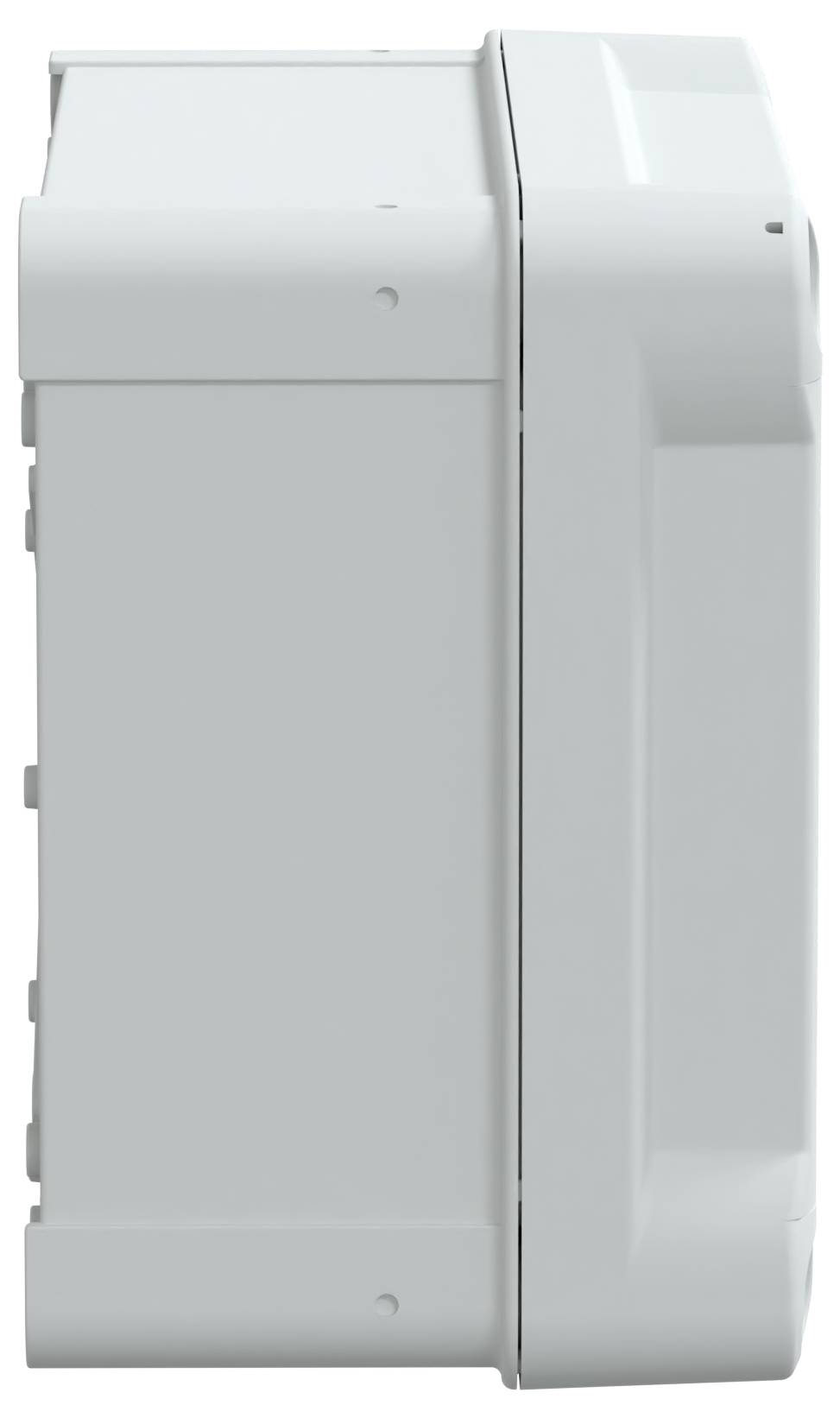 Ein weißes elektrisches Gerät, von der Seite betrachtet, mit einer rechteckigen Form und einem leicht hervorstehenden Abschnitt auf der rechten Seite.