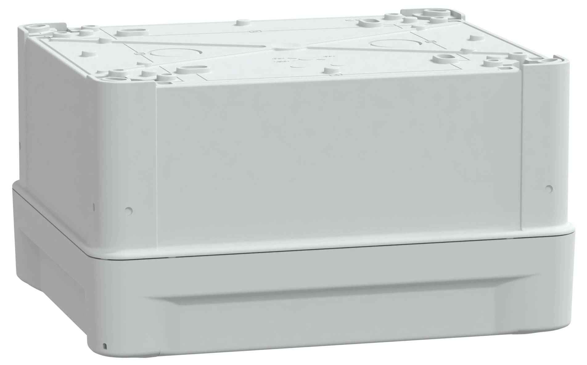 Eine weiße rechteckige elektrische Verteilerdose mit sichtbaren Schrauben und Vertiefungen auf der Oberfläche.